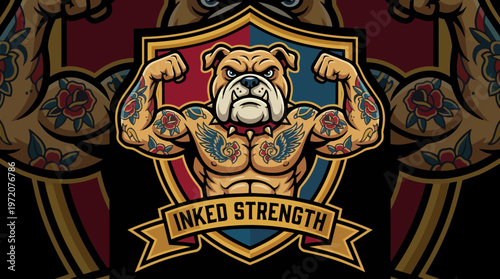 Tattooed Bulldog Flexing Muscles.