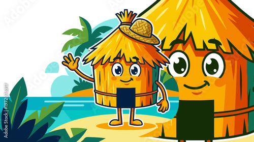 Smiling cartoon hut characters beach.