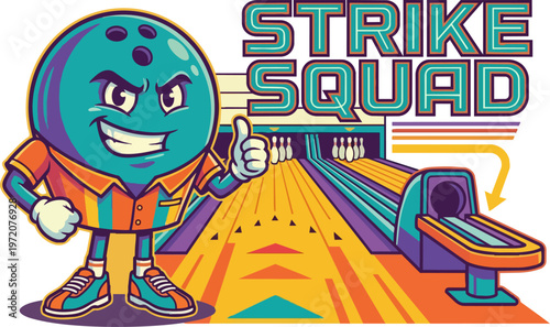 Teal bowling ball character strikes.