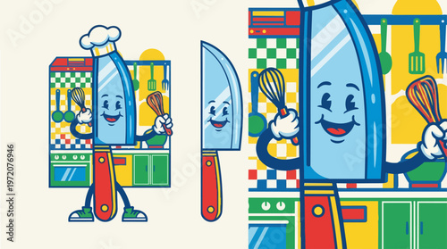 Cartoon kitchen utensil characters.