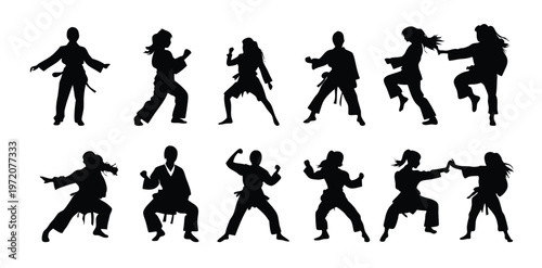 Collection of female martial artist silhouettes performing taekwondo and karate kicking techniques isolated on light background martial arts training. Set of martial arts silhouettes featuring karate