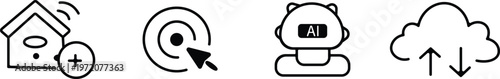Black and white line art icons house record robot and cloud isolated on transparent background