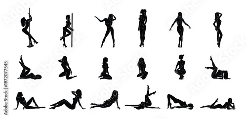 Group sexy female models in different poses standing in a row. Collection of many black vector silhouettes of women in different poses. Silhouettes of beautiful sexy girls, vector illustration.