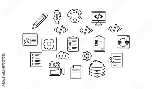 Modern content design and production icons collection with workflow, creative tools, and development symbols