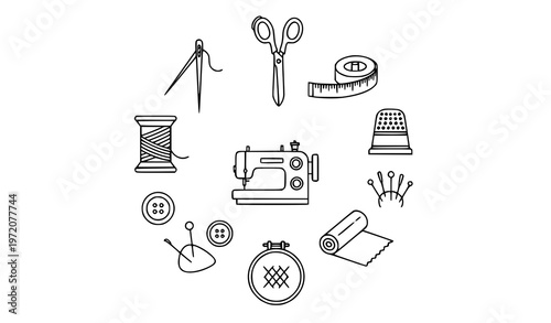 Modern sewing icons collection with needle, thread, scissors, sewing machine, and DIY symbols