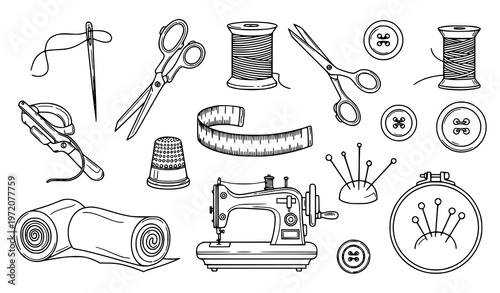 Detailed sewing outline icon set with needle, thread, scissors, sewing machine, and tailoring illustrations
