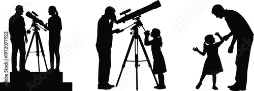Silhouette illustration of astronomy observation, family bonding, telescope exploration, parent and child learning, science education, curiosity, discovery, and outdoor stargazing activity concept