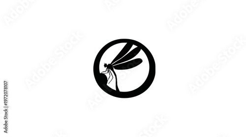 A dragonfly silhouette enclosed within a circular frame, contrasted against a clean white background