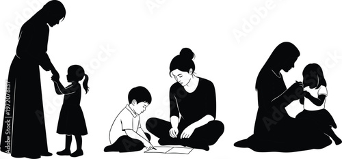 Silhouette illustration of mother and children bonding moments, family care, parenting activities, emotional connection, early childhood development, nurturing environment, and home education concept