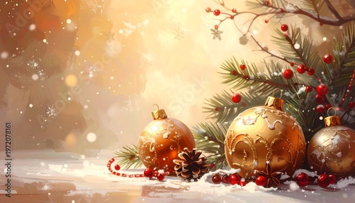 Festive holiday scene with ornaments and evergreen