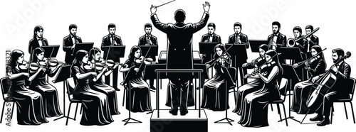 Silhouette illustration of orchestra performance with conductor leading musicians, classical music ensemble, symphony concert, artistic expression, and live musical performance concept design