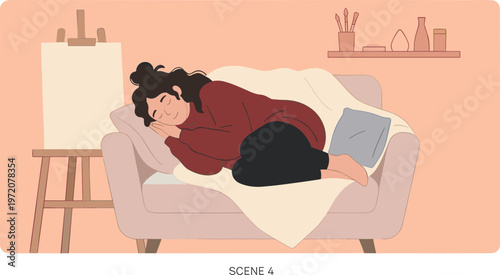 Woman resting on a couch in a cozy room with an easel nearby