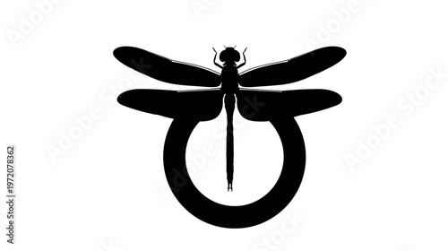 Silhouette of a dragonfly integrated with a semi-circular design, contrasting against white background