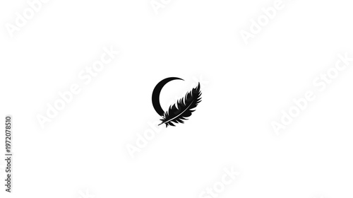 A simple, elegant, black graphic featuring a feather nestled inside a crescent moon shape