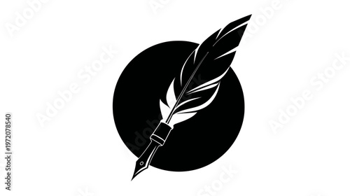 Silhouetted feather quill pen set against a black circle on a white background