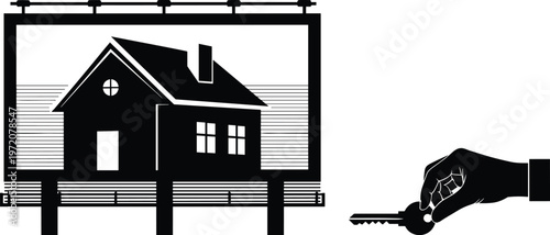 Silhouette illustration of real estate concept with house billboard and hand holding keys, property investment, home ownership, mortgage, and housing market promotion design