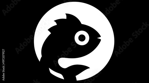 Stylized, silhouette of a fish, enclosed within a white circle on a black background