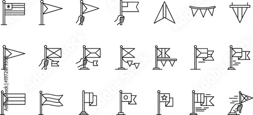 Flag banner line icons set featuring country flags signal pennants navigation markers celebration symbols outline vector collection
