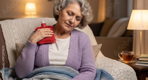 An elderly woman sitting on a couch with a red hot water bottle in her lap, holding a cup of tea, and wearing a purple sweater.