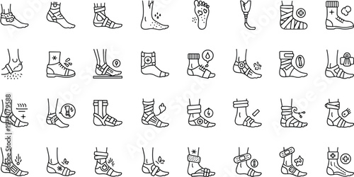 Foot injury treatment line icons set with ankle sprain bandage rehabilitation podiatry care editable stroke outline vector collection