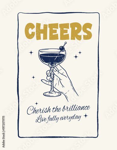 Cocktail graphic vector illustration with Hand Holding Martini Glass