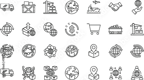 Global logistics supply chain line icons set featuring shipping transport warehouse distribution trade network outline vector collection