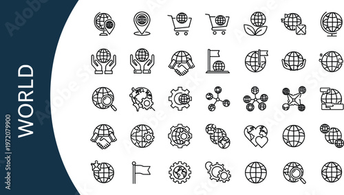 Global world line icon set featuring international communication logistics network location shipping connection symbols outline vector collection worldwide business