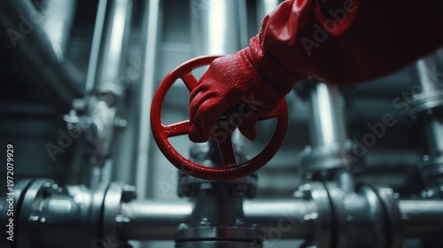 Red valve on industrial piping system in factory