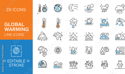 Global warming climate change line icons set with temperature weather pollution environment crisis editable stroke outline vector collection