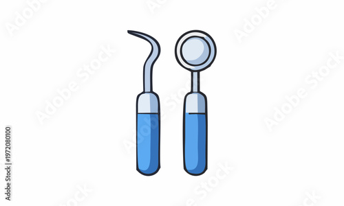 line art color of dental mouth mirror and a dental scaler cartoon illustration
