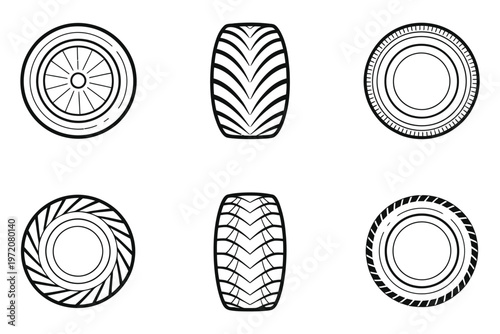 Tire tread line art vector illustration, minimal outline of tire grooves and patterns, symbolizing car tires, traction, and road safety