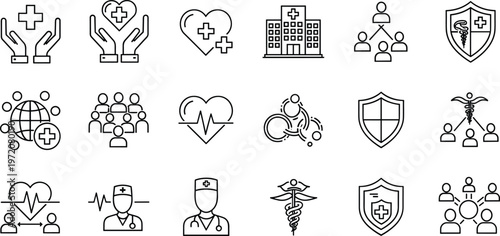 Healthcare medical protection line icons set featuring hospital insurance doctor patient safety support outline vector collection