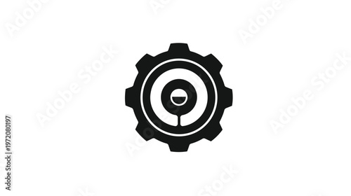 A black gear icon, featuring concentric circles and a stylized element within the center, set on white