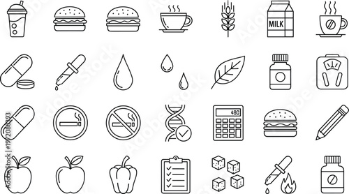 Healthy lifestyle nutrition and medical restriction icon set with vitamins milk coffee burger DNA calculator smoking ban symbols collection