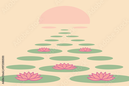 Pink lotus flowers on green lily pads at sunset
