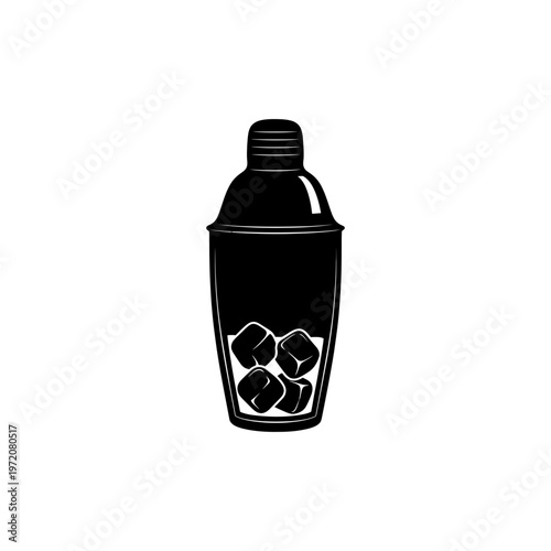 A black cocktail shaker with ice cubes on a plain white background