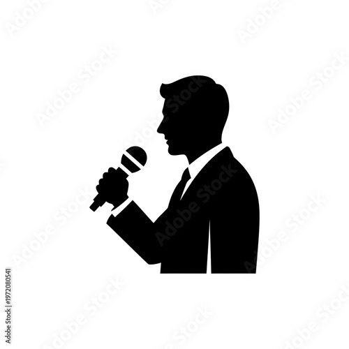 A silhouette of a man in a suit holding a microphone