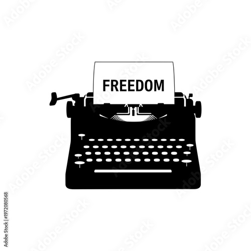 A black and white illustration of a vintage typewriter with the word freedom on the page