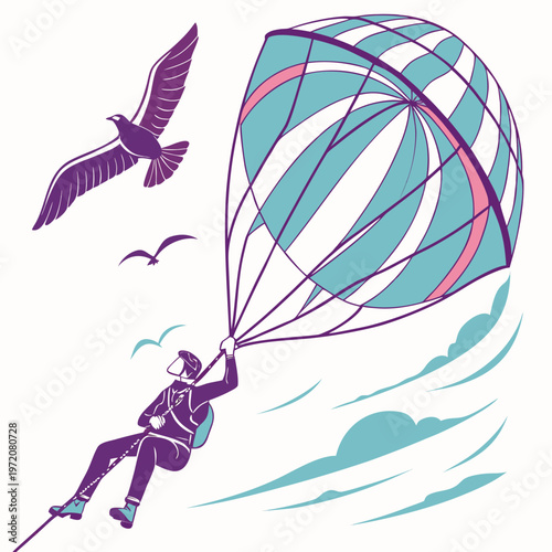 Vibrant Parachuter Descends with Birds in Turquoise, Purple, and Pink Vector Illustration