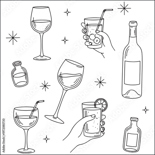 Line art illustration of various alcoholic beverages and drinking glasses