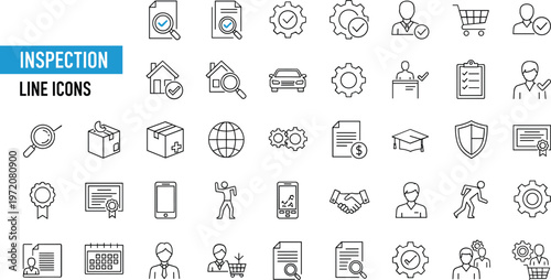 Inspection line icons set with quality control audit checklist certification verification editable stroke outline vector collection for compliance management