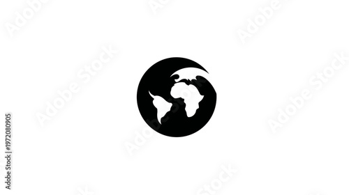 A minimalistic black and white graphic design of planet Earth within a stylized circular form