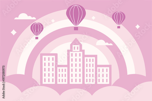 Pink cityscape with hot air balloons and rainbow buildings