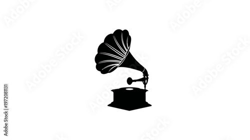 A classic musical device, featuring a prominent horn and base, set against a pristine white background