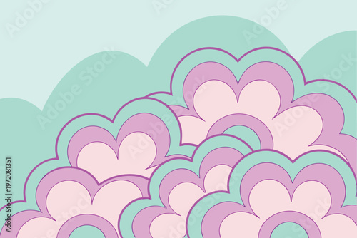 Pastel hearts in a cloud formation with purple and green hues clouds pink