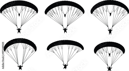 Collection of black paragliding silhouettes featuring paragliders flying with parachutes in various positions isolated on white background for extreme sports and adventure travel.