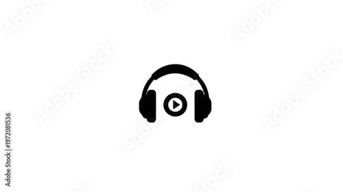 A black headphone icon featuring a central play button on a white background