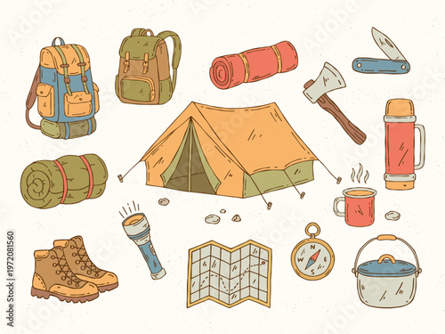 Hand-drawn colored camping gear doodle vector set with lantern, axe, knife, compass, map, backpack, boots and camping equipment for outdoor adventure and travel designs