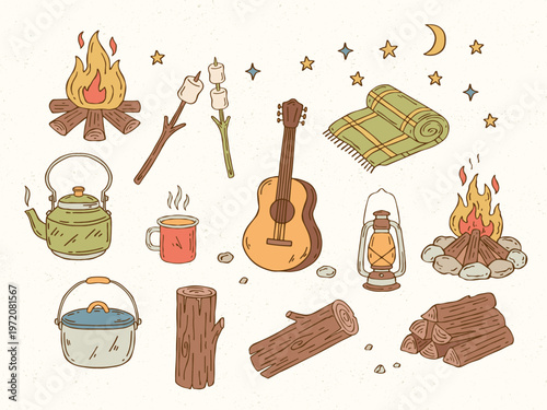 Hand-drawn colored campfire camping doodle vector set with fire, marshmallow on stick, kettle, mug, kerosene lamp, tent, guitar, moon and stars for camping night scenes