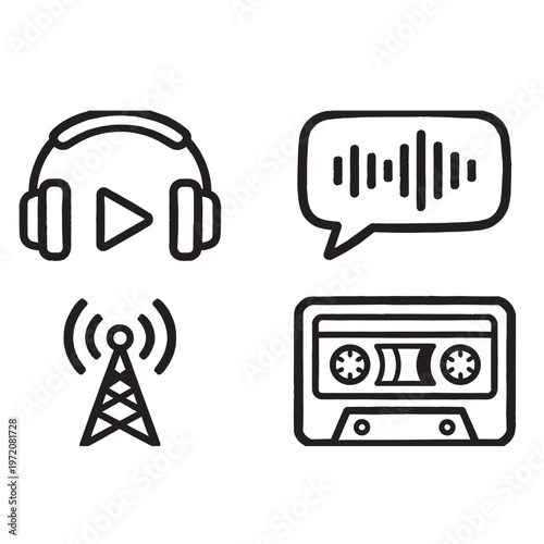 Audio and Music Player Icon Set – Headphones, Cassette, Radio, Waveform, Speaker